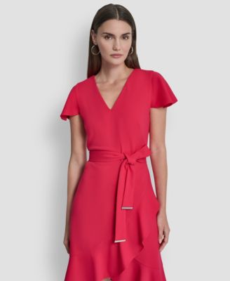 Women's Flutter Short-Sleeve V-Neck Faux-Wrap Dress