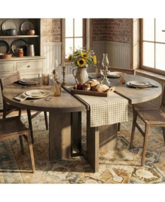 47"-63" Extendable Dining Table for 4-8, Farmhouse Expandable Round Kitchen Table Transforms Into Oval, w/Arched Legs, Sturdy Metal Frame