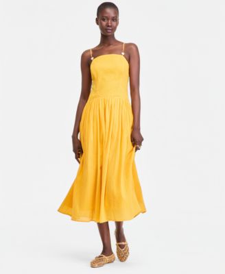 Women's Cotton Gauze Curved-Waist Mixed-Media Midi Dress
