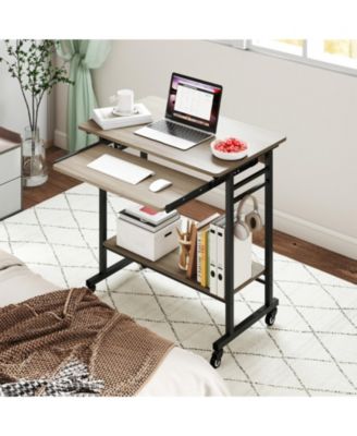 Rolling Computer Table with Pull-out Keyboard Tray and Storage Hooks