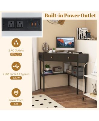 Triangle Corner Desk with Charging Station, 2 Drawers and Storage Shelf