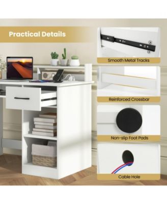 White Home Office Desk with Charging Station, Keyboard Tray and Adjustable Shelf
