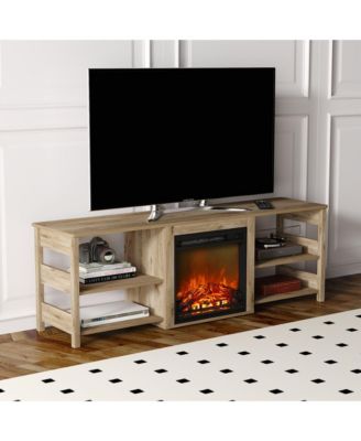 Fireplace TV Stand for up to 75" TV with Storage Shelves, French Oak