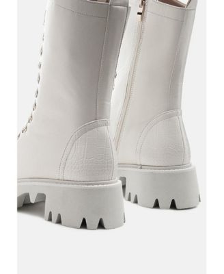 Womens Drill Chunky White Lace Up Ankle Boots