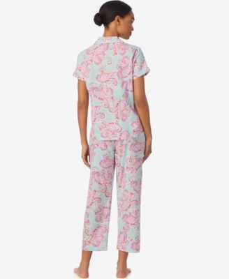 Petite Short-Sleeve Notch Collar Cropped Pant Pajama Set