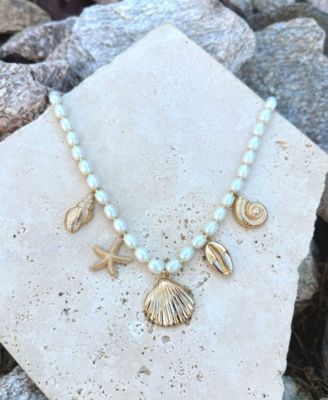 Gold Chunky Pearl and Sea Charms Necklace