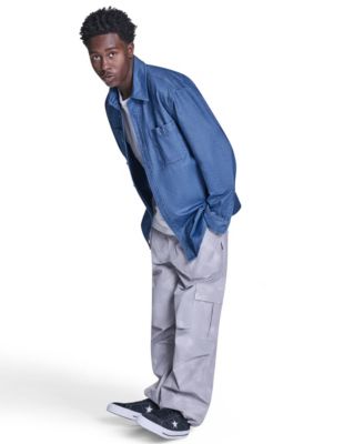 Men's Collared Jersey Denim Shirt and Box Logo Tee paired with the Box Pattern Wide Leg Cargo Pants