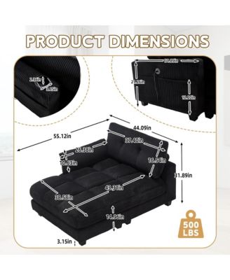 Deep Seat Corduroy Sleeper Chaise Lounge, Sofa Bed with USB Charging, Cup Holders, Side Storage Pockets and Pillow for Living Room