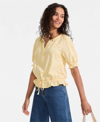 Women's Elbow Sleeve Lightweight Jersey Gathered Adjustable Hem Blouse