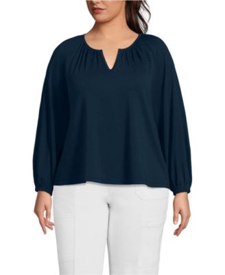 Plus Size Lightweight Jersey 3/4 Sleeve Notch Neck Gather Blouse