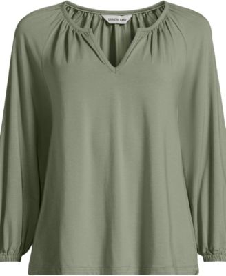 Plus Size Lightweight Jersey 3/4 Sleeve Notch Neck Gather Blouse