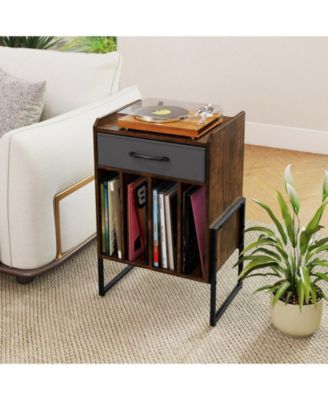 Record Player Stand with Drawer and Record Holder-Rustic