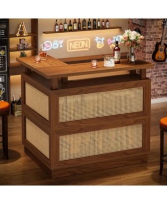 L Shaped Bar Table with 4-Tier Storage Shelf, Rattan Home Bar Unit with 2 Stemware Racks, Corner Mini Coffee Liquor Cabinet