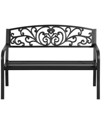 50" Outdoor Bench, Metal Garden Bench with Floral Pattern Backrest, Porch Bench