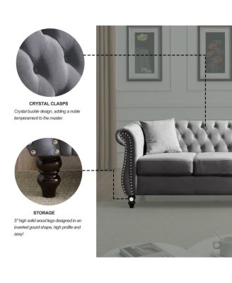 80" Velvet Sofa 3-Seater Tufted Chesterfield Couch Rolled Arm Nailhead