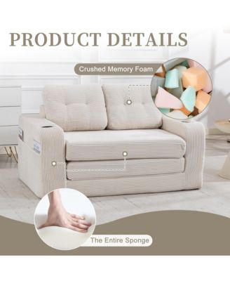 Convertible Sofa Bed - Boneless Loveseat Sofa, Fold Out Floor Couch with Cup Holder and Pillows, Corduroy Fabric for Living Room