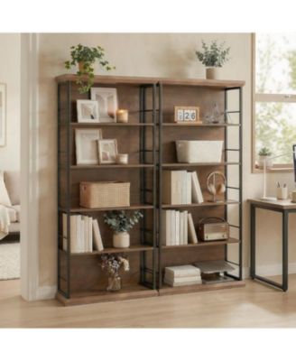 72'' Wooden Bookcase, 5-Tier Farmhouse Bookshelf, Free-Standing Display Storage Shelves