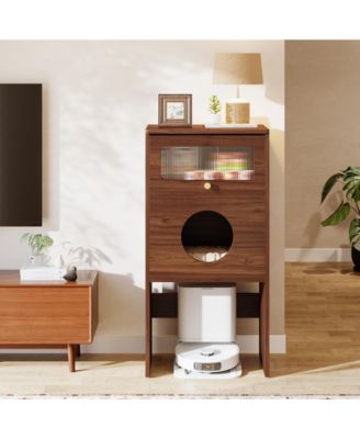 Hidden Cat Litter Box Enclosure with Storage, Frosted Door Cat House Furniture Cabinet