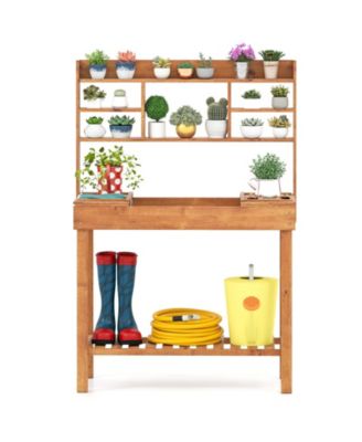 Wooden Potting Bench Garden Workstation with Open Shelves