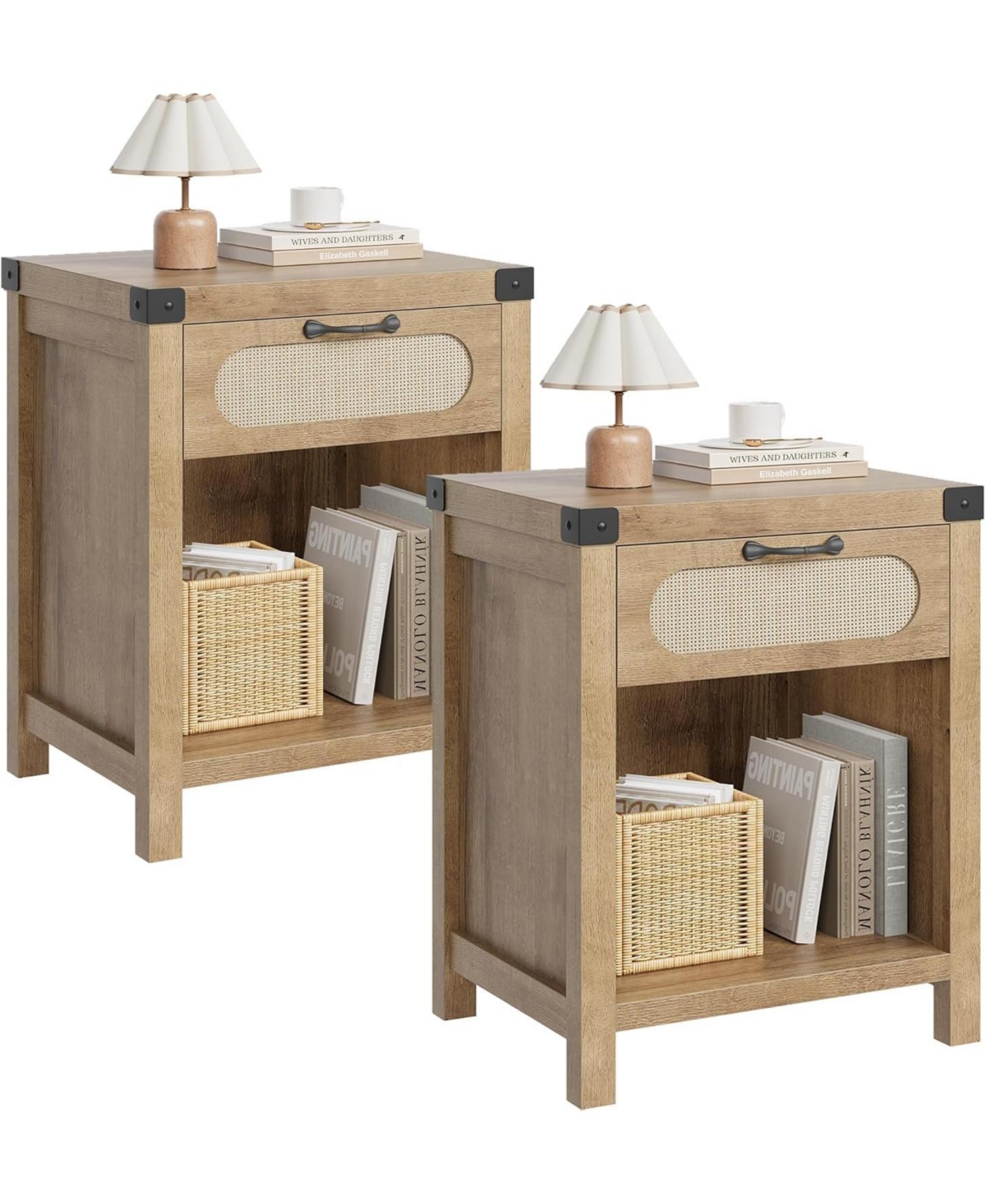 gaomon Rattan Nightstand Set of 2 Boho Night Stand with Drawer and Storage Shelf Farmhouse End Table for Living Room Bedroom Natural