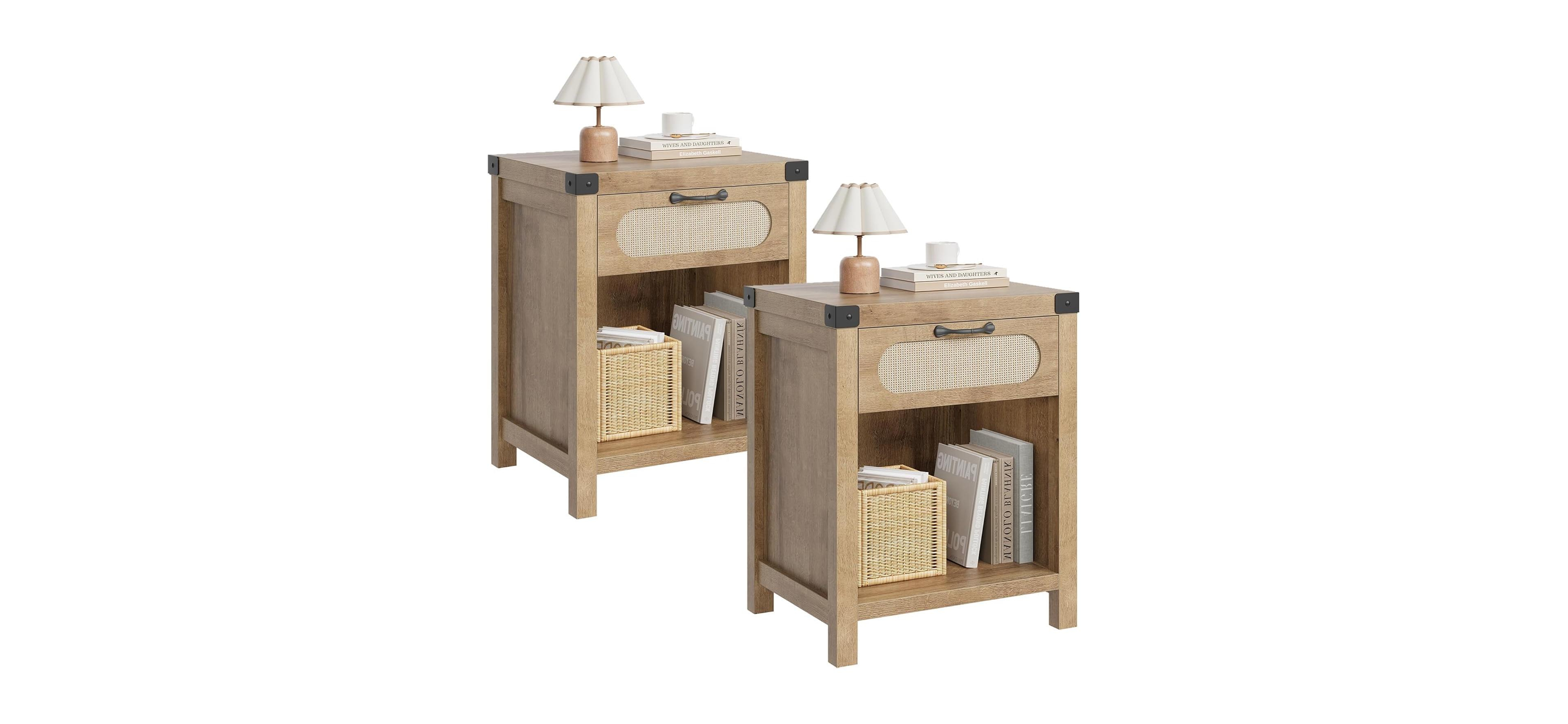 gaomon Rattan Nightstand Set of 2 Boho Night Stand with Drawer and Storage Shelf Farmhouse End Table for Living Room Bedroom Natural