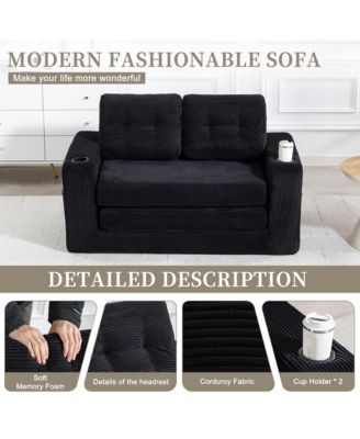 Convertible Sofa Bed, Foldable Loveseat Couch with Cup Holders and Pillows, Corduroy Fabric Futon for Living Room and Small Spaces