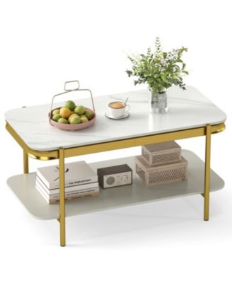 35.5 in Modern Sintered Stone 2-Tier Coffee Table with Gold Metal Frame