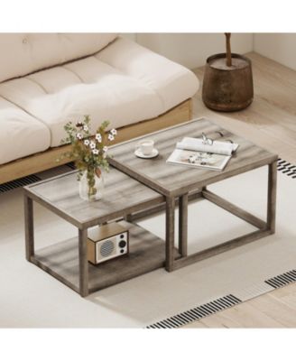 Set of 2 Stackable Nesting Rectangular Coffee Tables with Storage Shelf