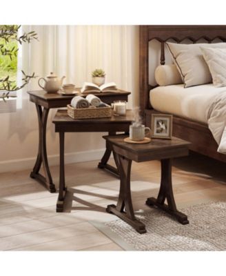 3-Piece Nesting Coffee and Side Table Set with Solid Rubber Wood Legs