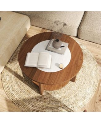 31.5 in Farmhouse Round Coffee Table with 2-Tone Top and Storage Shelf
