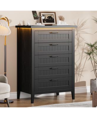 Farmhouse Drawer Dresser with Charging Station and LED Lights, Slim Wooden Bedroom Dresser