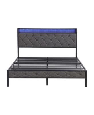 Full Size Upholstered Bed Frame with Storage Headboard, LED Lights and Charging Station, Platform Bed