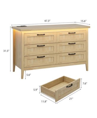 Farmhouse Drawer Dresser with Charging Station and LED Lights, Slim Wooden Bedroom Dresser