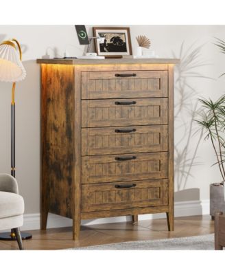 Farmhouse Drawer Dresser with Charging Station and LED Lights, Slim Wooden Bedroom Dresser