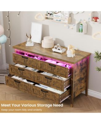Farmhouse Drawer Dresser with Charging Station and LED Lights, Slim Wooden Bedroom Dresser