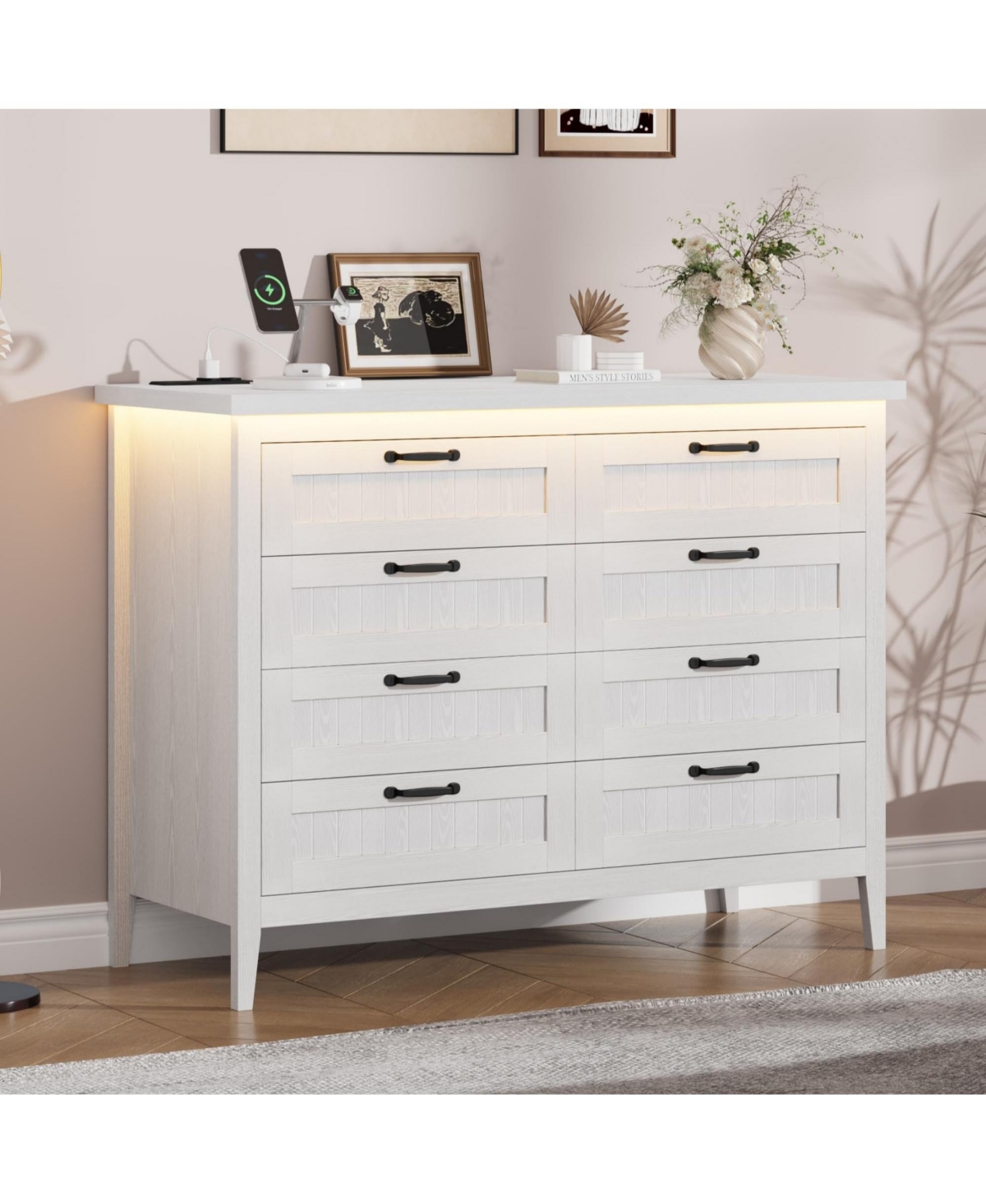 gaomon Farmhouse Drawer Dresser with Charging Station and Led Lights, Slim Wooden Bedroom Dresser - White
