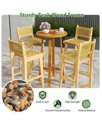 Teak Wood Patio Bar Stool with Woven Rattan Backrest and Seat