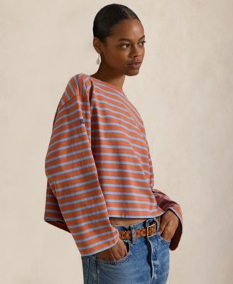 Women's Striped Long-Sleeve Boat Neck T-Shirt