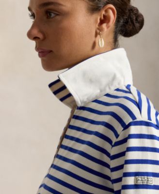 Women's Striped Cotton Jersey V-Notch Collar Dress