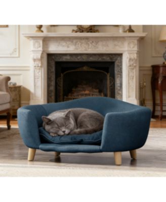 Zeus and Ruta Elevated Cat Bed Frame for Kittens/Cats with Corduroy Cat Couch, Rubber Wood Legs, Supportive Foam