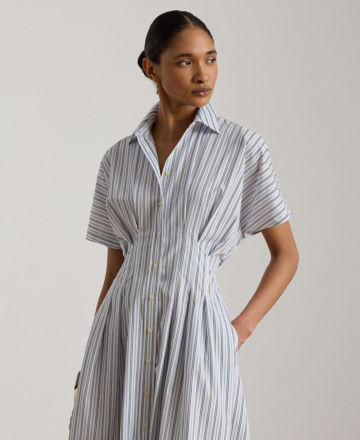 Lauren Ralph Lauren Women's Point Collar Striped Pleated Broadcloth Shirt-Dress view 2 — MAYCSS fashion products