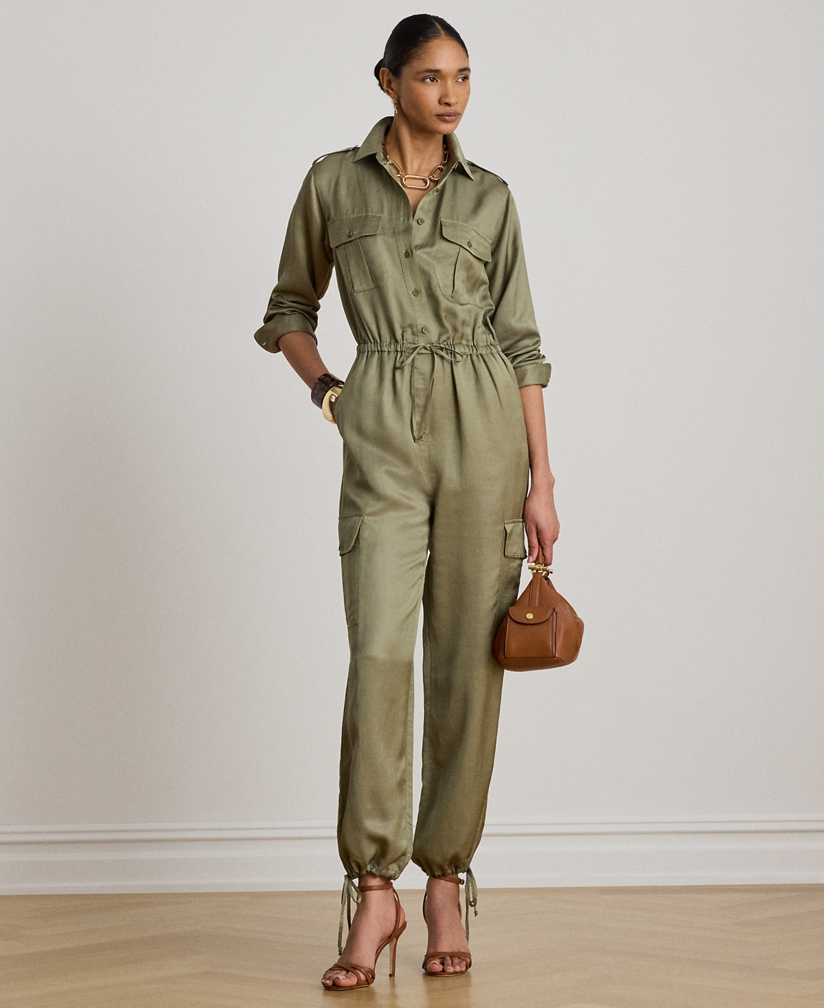 Lauren Ralph Petite Spread Collar Shantung Cargo Jumpsuit