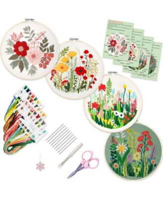 4 Sets Embroidery Kit Beginner Art Craft Sewing Pattern Hoop Manual Flower