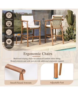 Set of 2 Outdoor Counter Height Bar Stools with Acacia Wood Frame, Backrest and Webbing Seat
