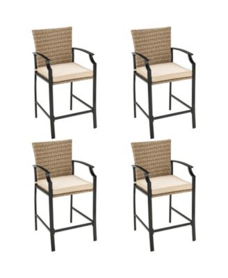 Set of 4 Patio Rattan Bar Stools with Cushions