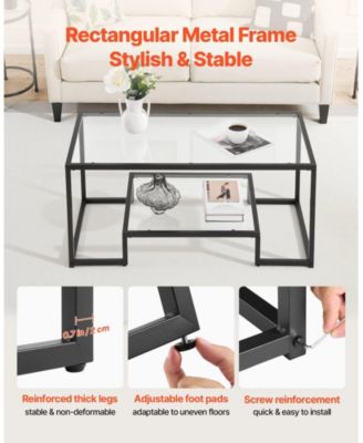 Coffee Table, Tempered Glass Center Table, 2-Tier with Open Storage for Living Room