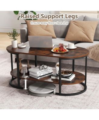 Oval Two Tier Coffee Table with Open Storage Shelf