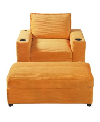 42.8" Corduroy Sleeper Couch with Storage Ottoman, Cup Holders and USB Charging, Oversized Chaise Lounge Sofa Bed for Living Room