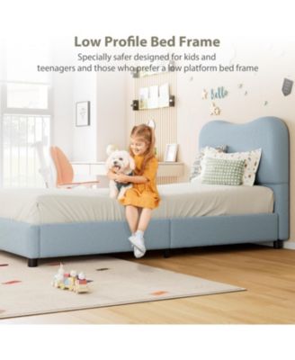 Twin Kids Bed Frame Velvet Upholstered Headboard Low Platform Wood Slats Noise Free No Box Spring