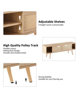 55.12" Rattan Coffee Table - Double Sliding Doors for Storage, Adjustable Shelf, Solid Wood Legs for Living Room